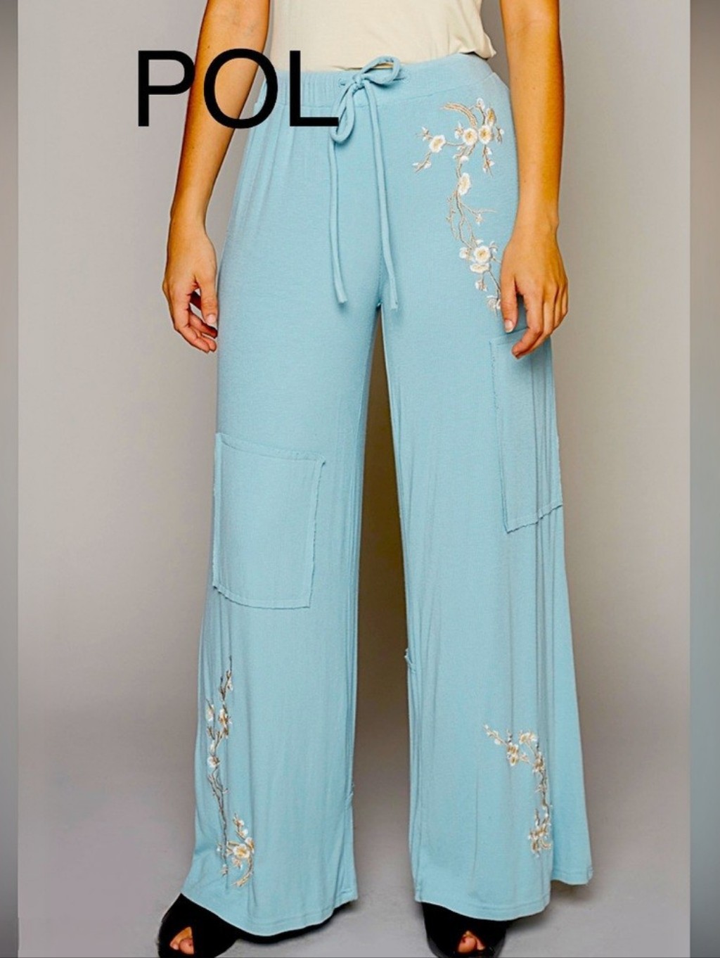 New- Pol Light Blue Wide Leg Pants With Floral Embroidery Sz Small